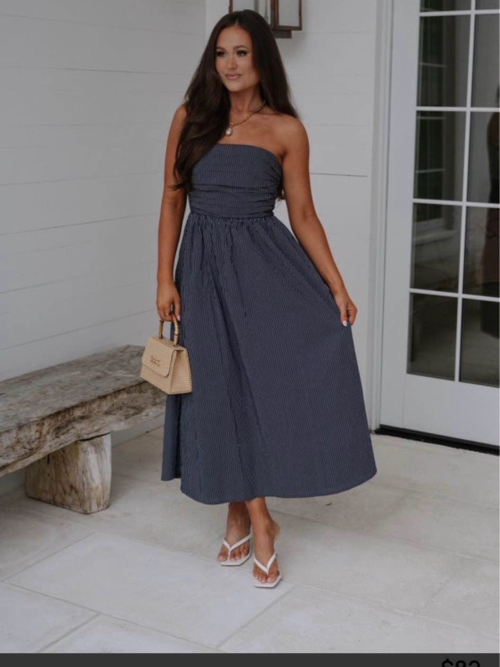 Striped Strapless Navy A-Line Midi Dress